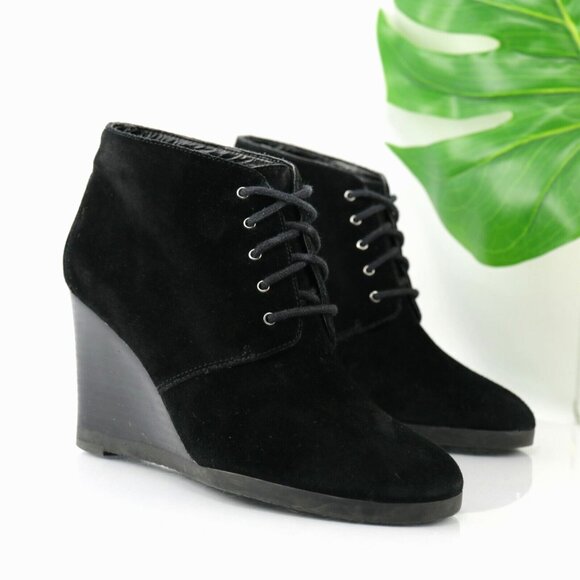Franco Sarto Womens Weston Boot Size 6.5 Black Suede Wedge Heel Bootie Lace-Up - Picture 1 of 12